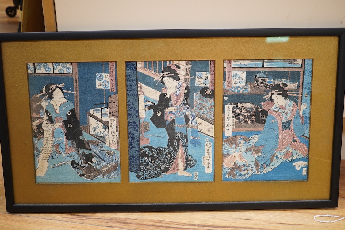 Eleven Japanese block prints framed as five, signatures include Utagawa Kunisada, Utagawa Kunisada II, Utagawa Yoshiharu, and Toyohara Kunichika. Condition - good